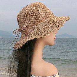 Wide Brim Hats Simple Summer Women Beach Hat Female Casual Panama Lady Sun Cap Strap Bowknot Straw Girls