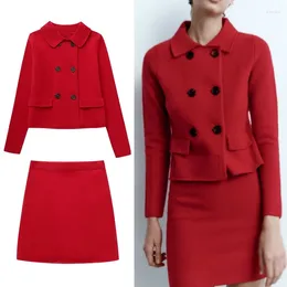 Women's Suits Women Wool Blazer Set Red Lapel Long Sleeves Fashion Double Breasted Short Jackets Outerwears Mini Skirt Autumn