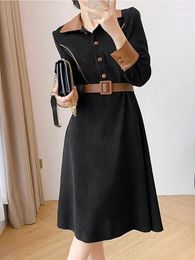 Casual Dresses High Quality Elegant Women Black Corduroy Dress Female Retro Fashion Autumn Lapel Long Sleeve Belt Party Vestidos