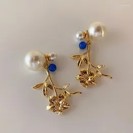 Dangle Earrings Trend Classic Vintage Golden Rose Flower Pendant Women's Fashion Pearl Stud Jewelry Gift