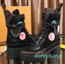 Women Designer Ankle Boots Autumn and Winter Round Toes Splicing Front Lacing Platform Boots