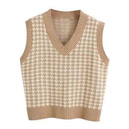 Womens Vests Sleeveless Geometric Houndstooth Sweater Vest Women V Neck Pullover Casual Knitted Fall Winter Sweet Jumper Korean Knitwear 231116