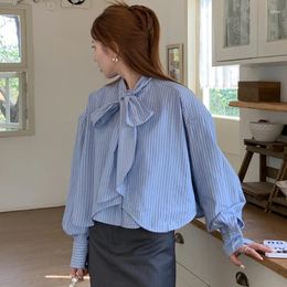 Women's Blouses 2023 Summer Women Shirt French Stand Collar Tie Up Bow Contrast Stripe Loose Versatile Bubble Long Sleeve Top Blouse Female