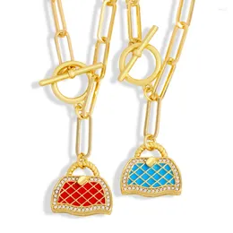 Pendant Necklaces FLOLA 7 Colors Copper CZ Handbag Necklace Gold Link Enamel Long Chain Gift Girls Jewelry Nkew92