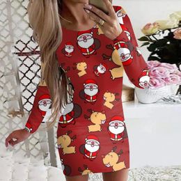 Casual Dresses O Neck Christmas Print Long Sleeve Bodycons Mini Women'S Evening Dress Woman Clothing Female Vestidos Para Mujer