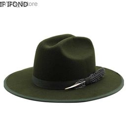 Wide Brim Hats Bucket Hats New Autumn Winter Feather band Felt Fedora Hat For Women Wide Brim Gentleman Wedding Party Hat Church Jazz Hat YQ231116