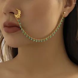 Stud Earrings Bohemia Fake Nose Rings With Chain Long Tassel Ear Clip Colourful Imitation Crystal Beads Pendant Body Jewellery