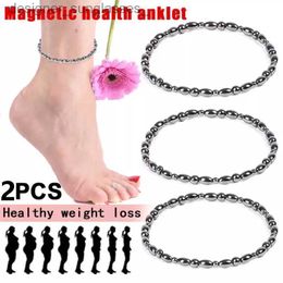 Anklets 2pcs Weight Loss Anklets Hematite Round Beads Stretch Bracelet for Men Women Anti-Fatigue Black Magnetic Thery Jewellery GiftsL231116
