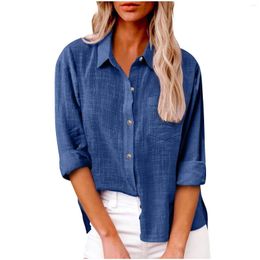 Women's Blouses Women Solid Color T-Shirt Lapel Collar Loose Blouse Casual Long Sleeve Shirt Classical Lightweight Button Cotton Linen Tops