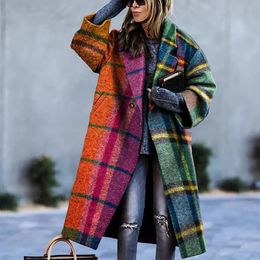 Women's Fur Faux Winter Plaid Thick Overcoats Female Lapel Patchwork Office Outerwear Vintage Lady Casual Button Warm Wool Long Coats 231115