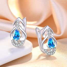 Backs Earrings Luxury Female Light Blue Crystal Charm Silver Colour Clip For Women Vintage Wedding