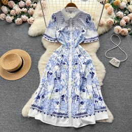 Casual Dresses 2023 Summer Floral Print Shirt Midi Dress Women Runway Fashion Short Sleeve Single Breasted Vintage Casual Holiday Vestidos