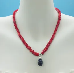 Pendant Necklaces 6MM High Quality. Natural Irregular Red Coral Necklace. Black Pearl 17"