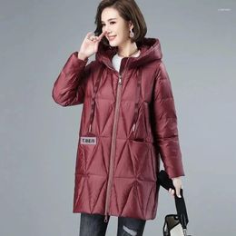 Women's Trench Coats 2023 Winter Bright Face Down Padded Jacket Women Loose Large Size Hooded Long Solid Color Thick Warm Cotton Coat Female