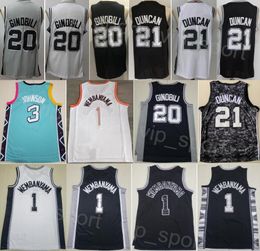 Mens Basketball City Keldon Johnson Jersey 3 Manu Ginobili 20 Tim Duncan 21 Victor Wembanyama 1 Earned Stitched Statement Breathable Black White Grey Team Shirt