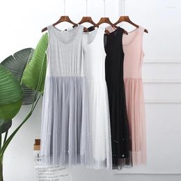 Casual Dresses Women Summer Dress Sexy Spaghetti Strap Modal Patchwork Mesh Female Beading Lace Tank Gauze Sundress Vestidos AB1375