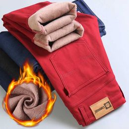 Men's Jeans New Autumn Winter Jeans Men's Fleece Business Casual Red Warm Jeans Stretch Slim Fit Denim Pants Male Brand Thickened Trousers J231116