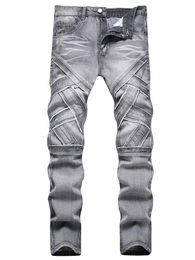 Light Grey Stitching Men's Biker Jeans Slim-Fit Straight Motorcycle Pants Spring Autumn Casual Mid Waist Streetwear 28-40