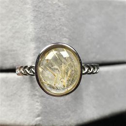 Cluster Rings 12mm Top Natural Gold Rutilated Quartz Ring For Woman Lady Man Crystal Lucky Beads Silver Gemstone Adjustable Jewellery