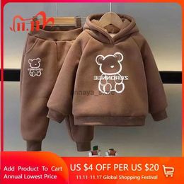 Clothing Sets Autumn Winter Plush Warm Clothes for Kids Boys Girls Cartoon Bear Pattern Hoodies and Pant Set Children's Pullover TracksuitL231116