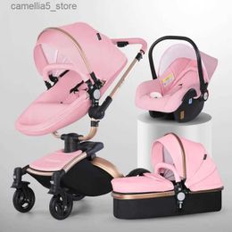 Strollers# Baby Stroller 3 In 1 Pu leather baby Carriage with Car Seat travel foldable Newborn strollers for baby and toddler pram luxury Q231116