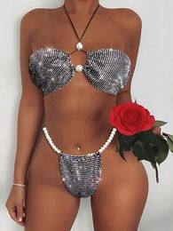 Women's Swimwear Women Fashion Shiny Bikini Set Swimsuit Fishnet Plaid Glitter Rhinestone Bra Hollow Out Pearl Adjustable Waist ThongWomen's