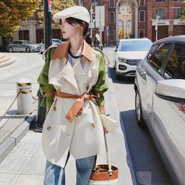 Women's Trench Coats Fashion Spliced Leather Double Breasted Coat Jacket Spring Autumn Women Elegant Chic Loose Casual Belted Windbreaker