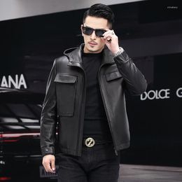 Men's Leather Short Men Hooded Slim Sheepskin Jacket Biker Casual Real Coat Autumn Winter Street Thin Long Sleeve Down Oversize