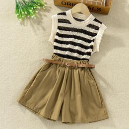 Clothing Sets Suit For Girls Kids Clothes Striped Knitted Vest Fashion Belt Loose Shorts Two Pieces Casual