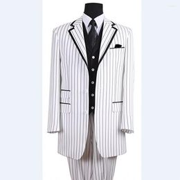 Men's Suits Groomsmen White With Black Stripes Groom Tuxedos Notch Lapel Men Wedding Man 3 Pieces ( Jacket Pants Vest Tie ) C846