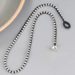 Chains Solid 925 Sterling Silver 3mm Bead With Wax Cord Necklace 15.7inch Handmade