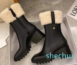 Women Beeled Fur High heels Knee-high tall Rain Waterproof Welly Rubber Soles Platform Shoes Outdoor RainshoesLuxury Designer factory shoes