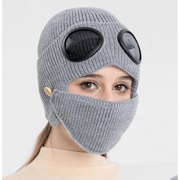 Beanie/Skull Caps Pilot Glasses Beanie For Men And Women Skl Caps With Mask Plush Thick Woollen Hats Winter Windproof Knit Cap Drop Del Dhlnf