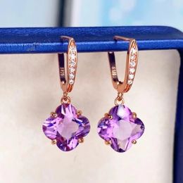 Dangle Earrings 18K Rose Gold Natural Clover Shape Amethyst Zircons Ear Hook Earring 925 Silver Rhinestone Topaz Jewellery