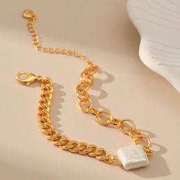 Charm Bracelets MKOPSZ Simple Gold Color Metal Thick Chain Stitching Bracelet Square Imitation Pearl Pendant For Women Fashion Jewelry