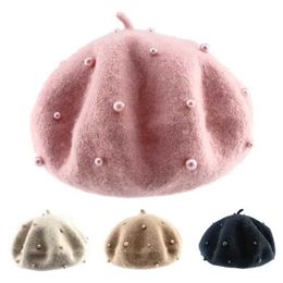 Caps Hats Baby Girls Beret Hat with Pearls Fashion Candy Colour Wool Cap for Kids Spring Autumn Winter Warm Children Hats Accessories 3-8YL2402