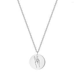 Pendant Necklaces 2023Now Stainless Steel Coin Necklace Simple Disc Engrave Victory Hand Gesture For Women Choker
