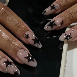 False Nails Ins Y2k Fake Almond Head Black Pentacle Star Nail Patch Girl Women Wearable Full Cover Artificial 24pcs