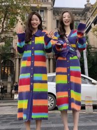 Two Piece Dress French Fashion Street Sisters Long Woolen Autumn and Winter Women's Clothing Rainbow Stripe Knitted Sweater Skirt 231115