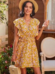 Casual Dresses Bohemian Style Summer V-Neck Floral Print Fringed Dress Holiday Elastic Waist Lace-Up Butterfly Sleeve Short Sundress