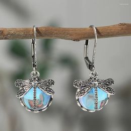 Dangle Earrings Crystal Dragonfly Drop Vintage Women Jewelry Metal Carving Pattern Inlaid Stone Trendy Antique Exaggerate Ear Stud