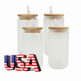 USA Local Warehouse 16oz Glass Water Bottles DIY Sublimation Blanks Cans Shaped Beer Cups with Tumblers Bamboo Lid and Straw for Iced Coffee Soda 0416