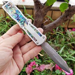 Top Quality High End Damascus Auto Tactical Knife Damascus Steel Double Edge Spear Point Blade 6061-T6 + Abalone shell Handle With Nylon Sheath