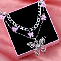 Chains JJFOUCS Punk Hip Hop Acrylic Butterfly Cuban Choker Necklace For Women Silver Colour Hollow Pendant Jewellery