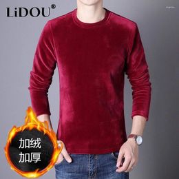 Men's T Shirts 2023 Autumn Winter Solid Color Fashion Round Neck T-Shirts Man High Street Long Sleeve Plus Velvet Warm All-match Pullovers