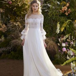 Vintage Long Boho Wedding Dresses O Neck Tulle Full Sleeves Backless A Line Sweep Train Bridal gowns