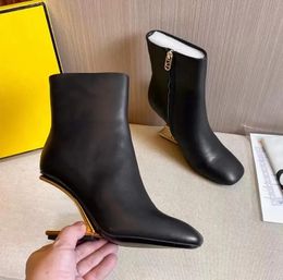 Fashion Designer Popular First Women Ankle Boots White Black Nude Nappa Leather F-shaped Heels Rounded Toe gold-colored Metal Booties Lady Booty EU35-40 Box