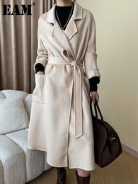 Women's Wool Blends EAM Camel Big Size Warm Long Belted Woolen Coat Lapel Long Sleeve Women Jacket Fashion Autumn Winter 1DH2474 231116