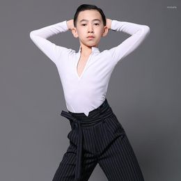 Stage Wear Ballroom Latin Dance Practise Clothes Boys Tops Black V-Neck Shirts Chacha Samba Tango Costumes DN7110