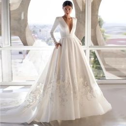 2024 Princess A Line Wedding Dress for Bride Deep V-Neck Long Sleeves Lace Appliques Satin Bridal Formal Gowns Vestidos De Noiva Robe De Mariage